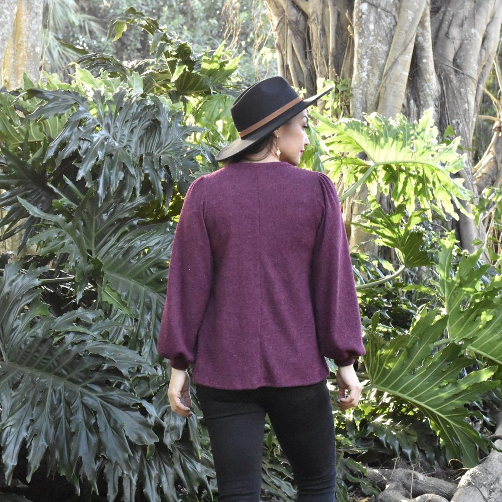 Wine Ribbed Balloon Sleeve Brushed Knit Top - Picture 2 of 2